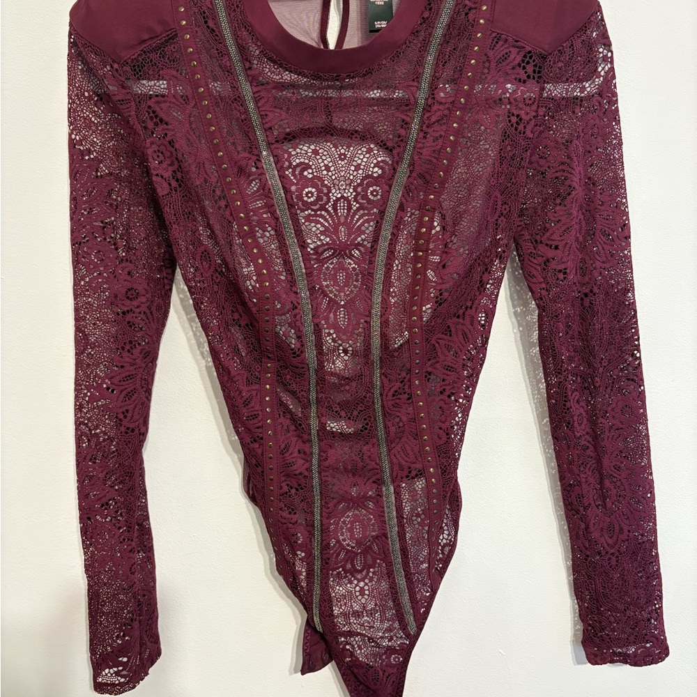 Elegant Lace Burgundy Bodysuit with Shoulder pads